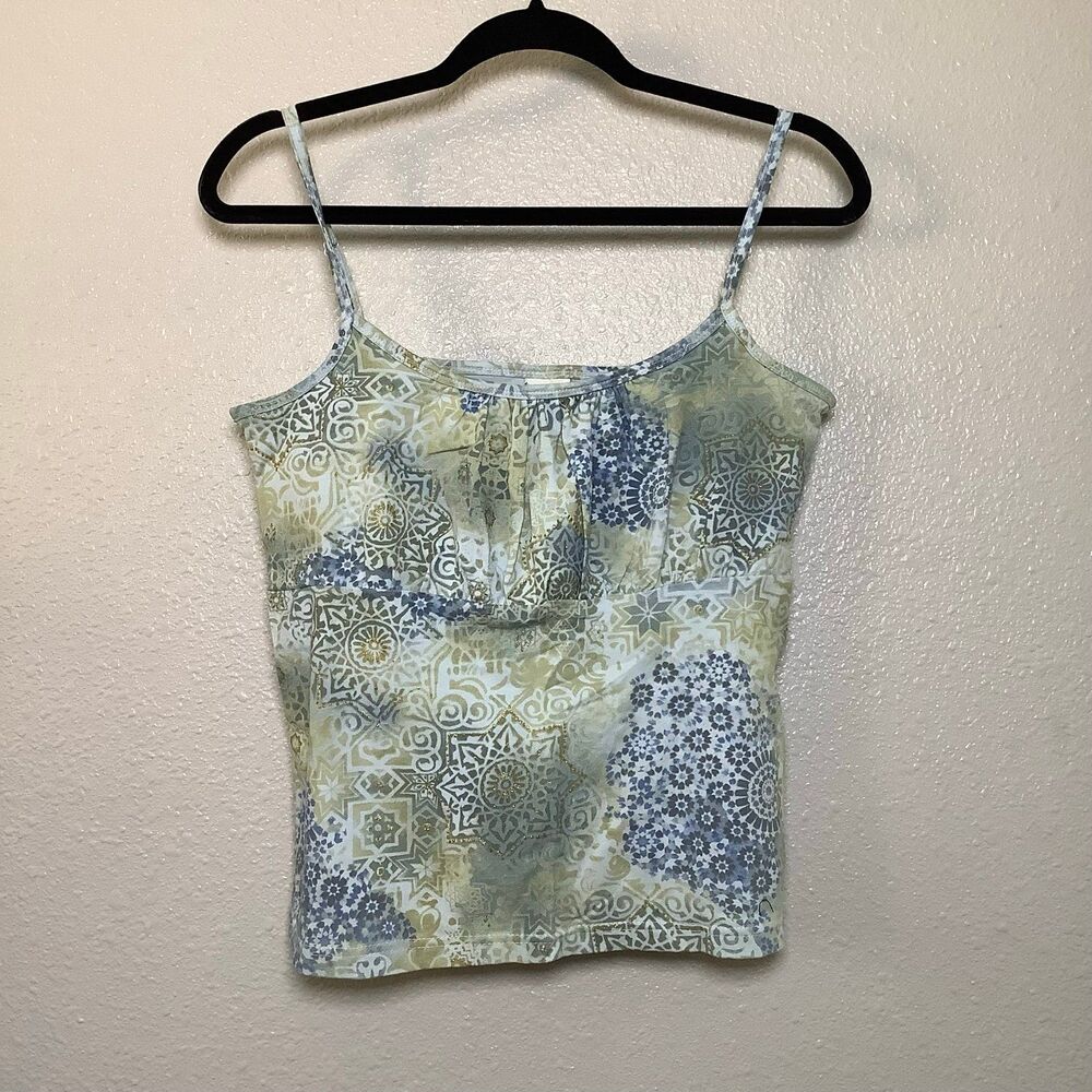 Vintage Y2K Blue Floral Glitter Mermaidcore Fairy Coconut Girl Tank Top L Beachy